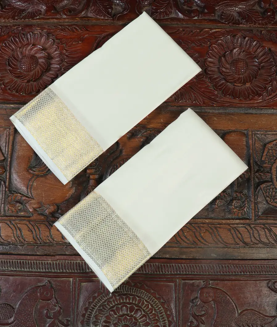 White Handwoven Kanjivaram Silk Dhoti and Vastharam T448302-image