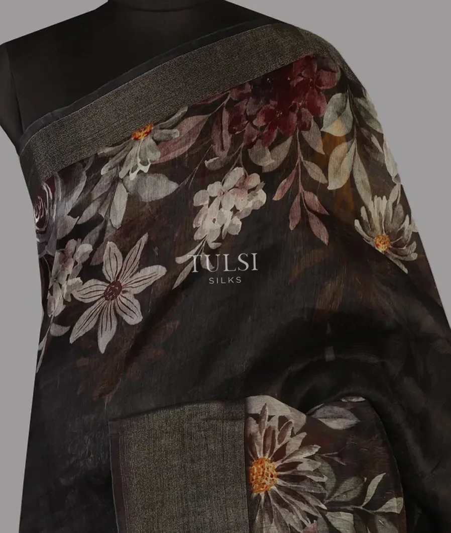 Black Linen Printed Saree T462142-image