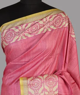 Pink Tussar Kantha Work Saree T4673261