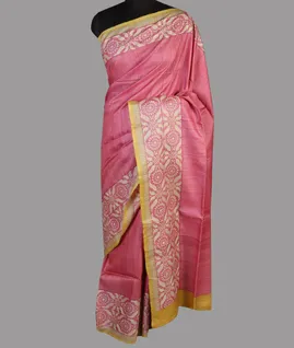 Pink Tussar Kantha Work Saree T4673262