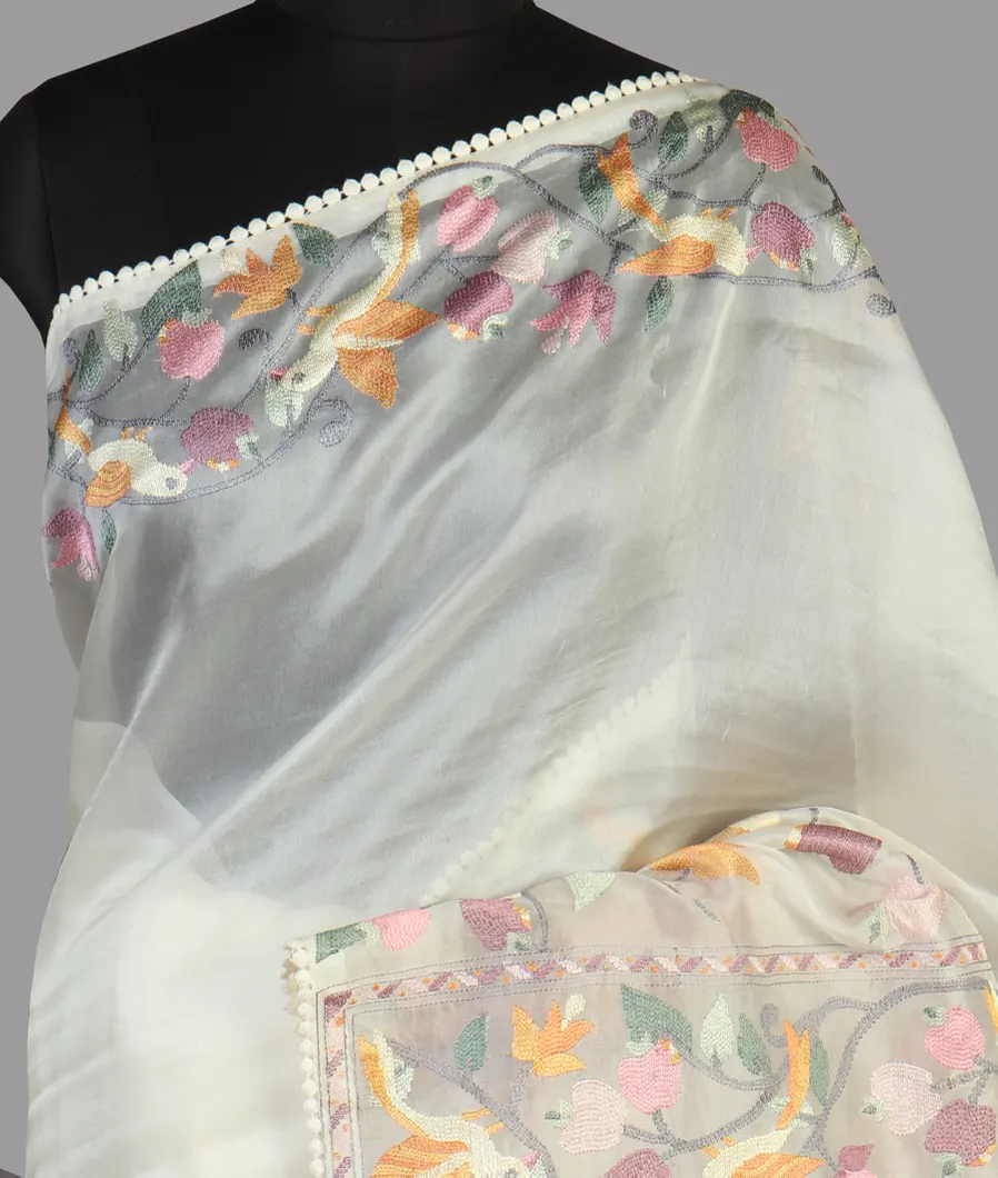 White Kora Organza Embroidery Saree T473884-image