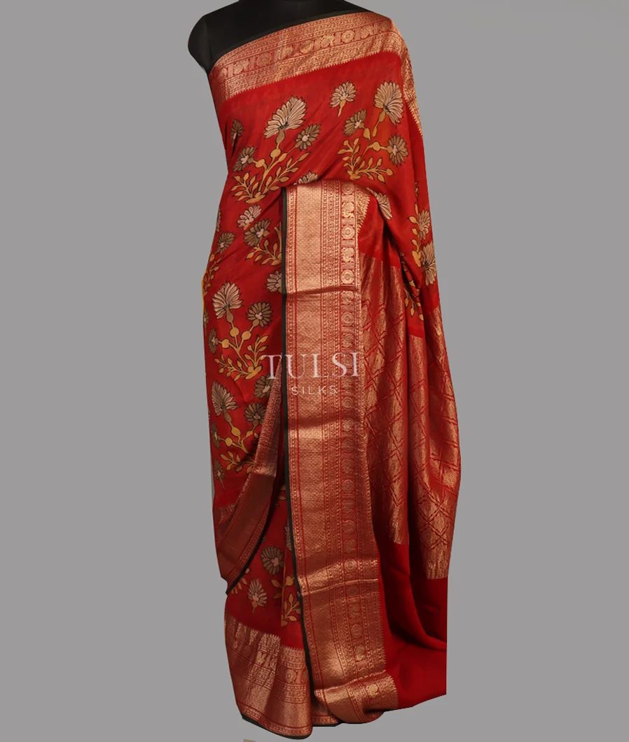 Red Crepe Kalamkari Handpainted Saree T4567382