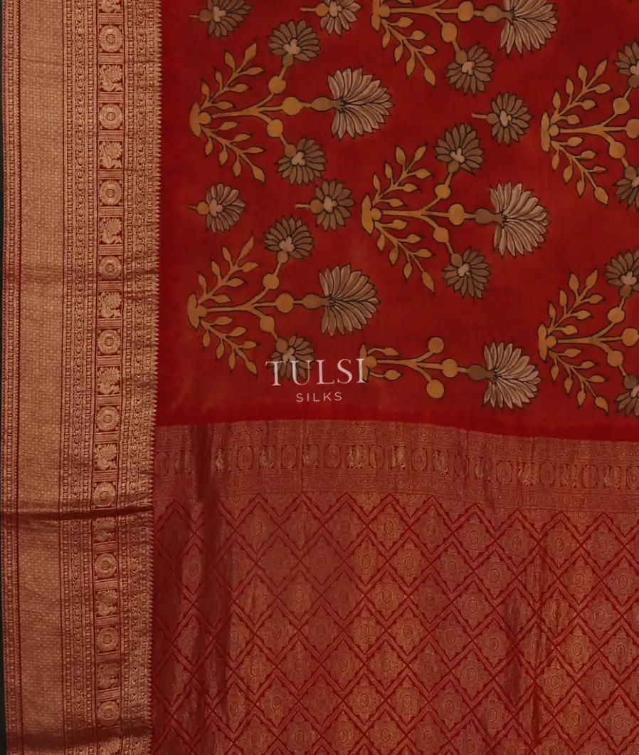 Red Crepe Kalamkari Handpainted Saree T4567384