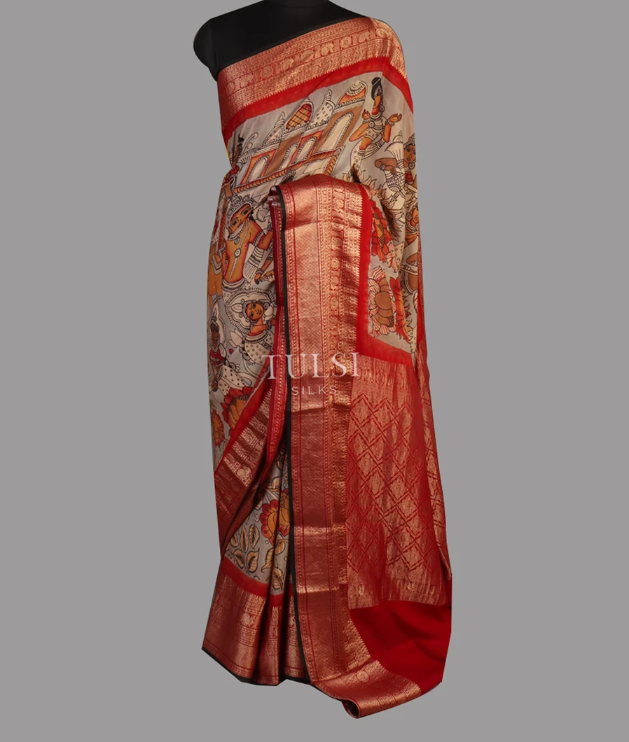 Grey Mysore Crepe Kalamkari Handpainted Saree T4715402