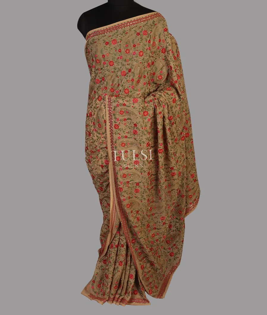 Beige Georgette Silk Embroidery Saree  T4712082