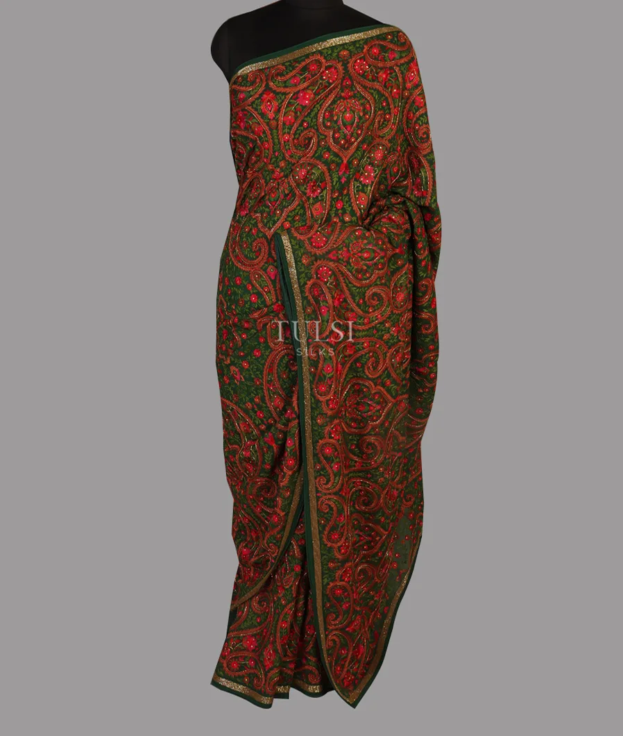 Bottle Green Georgette Silk Embroidery Saree T4712002