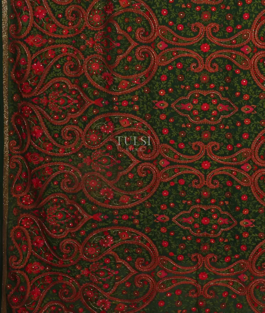 Bottle Green Georgette Silk Embroidery Saree T4712004