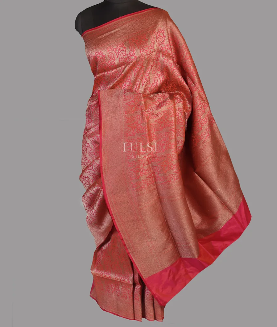 Pinkish Orange Banaras Silk Saree T4576132