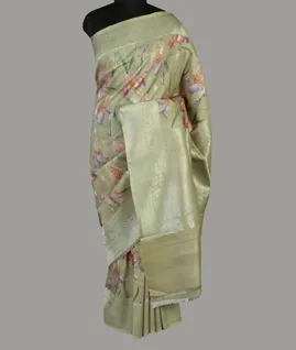 Greenish Beige Printed  Banaras Kathan Silk Saree T409364-12