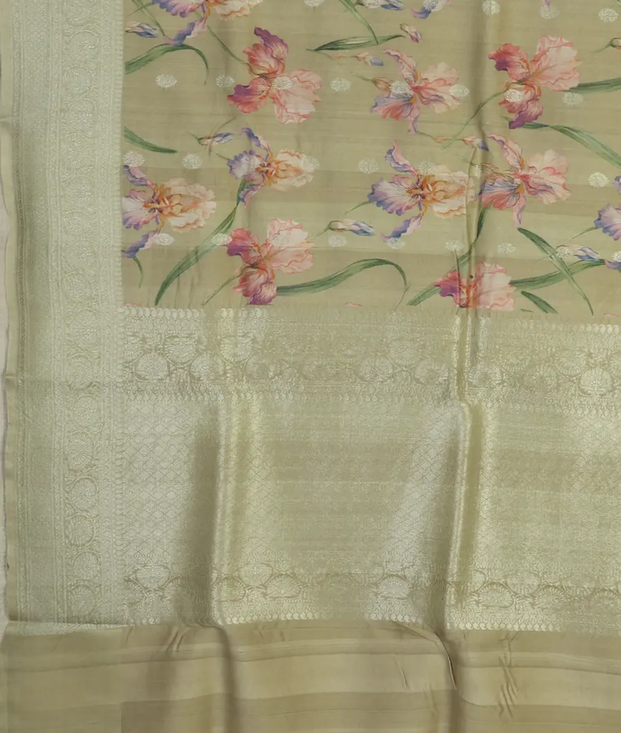 Greenish Beige Printed  Banaras Kathan Silk Saree T4093644