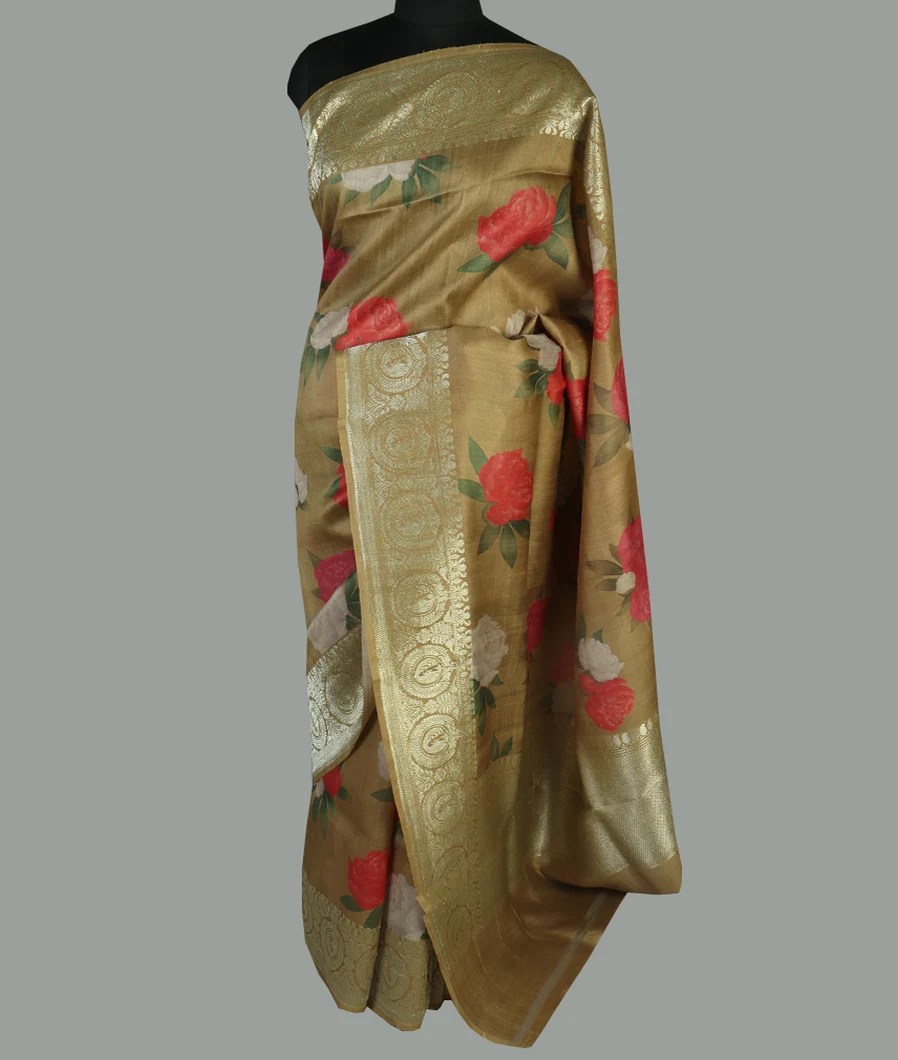 Beige Printed Banaras Kathan Silk Saree T3130762