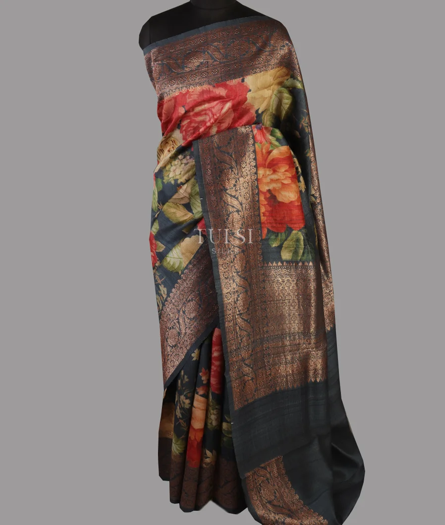 Dark Grey Printed Banaras Tussar Georgette Saree T4303932