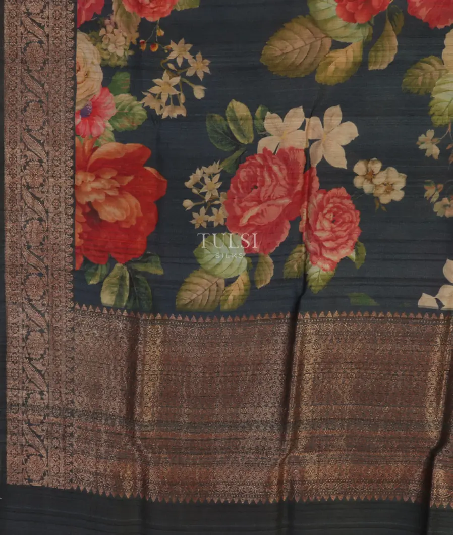 Dark Grey Printed Banaras Tussar Georgette Saree T4303934