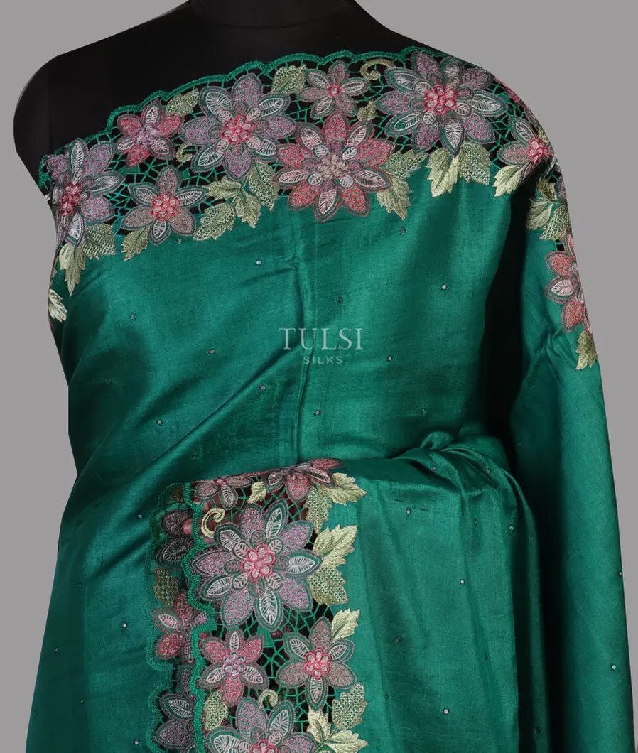 Peacock Blue Tussar Cutwork Saree T466369-image