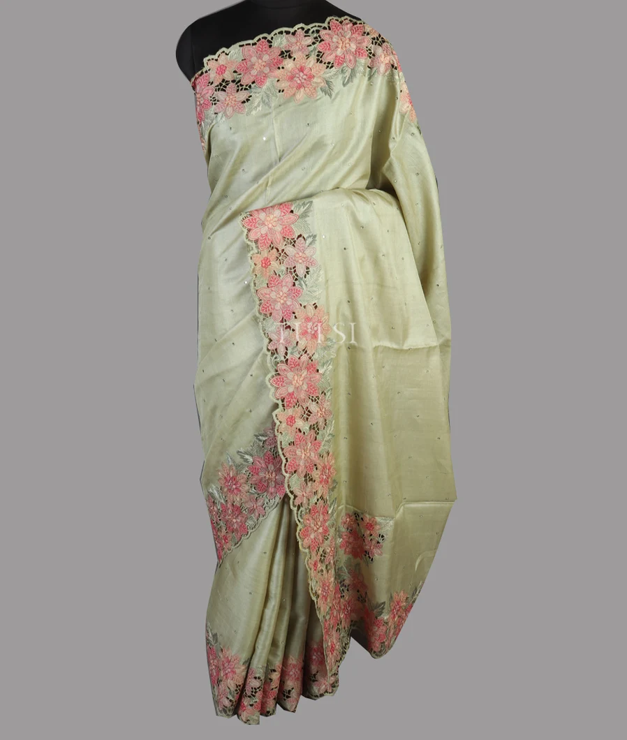 Green Tussar Cutwork Embroidery Saree T4539532