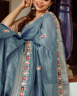Blue Linen Embroidery Saree T4769682