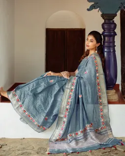 Blue Linen Embroidery Saree T4769683