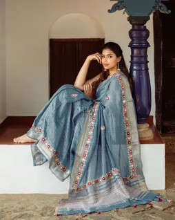 Blue Linen Embroidery Saree T4769687