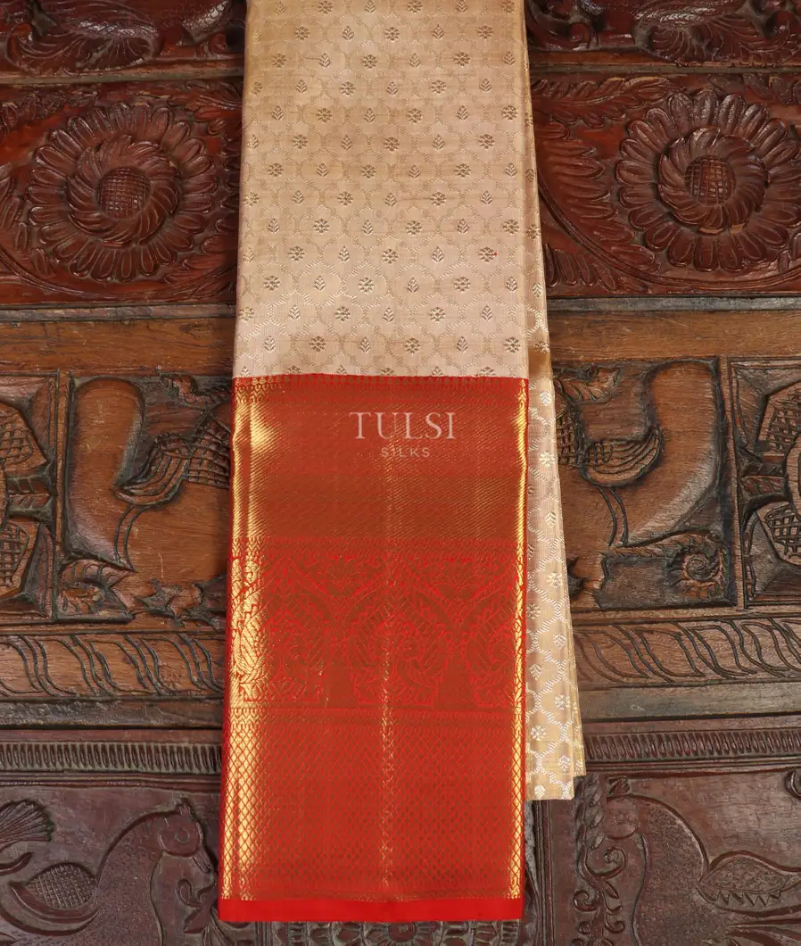 Peach Handwoven Kanjivaram Silk Tissue Pavadai T460946-image