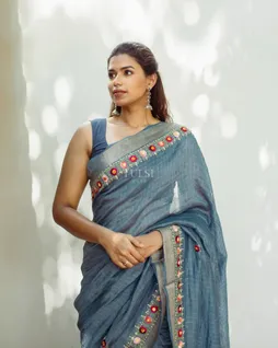Blue Linen Embroidery Saree T4769681