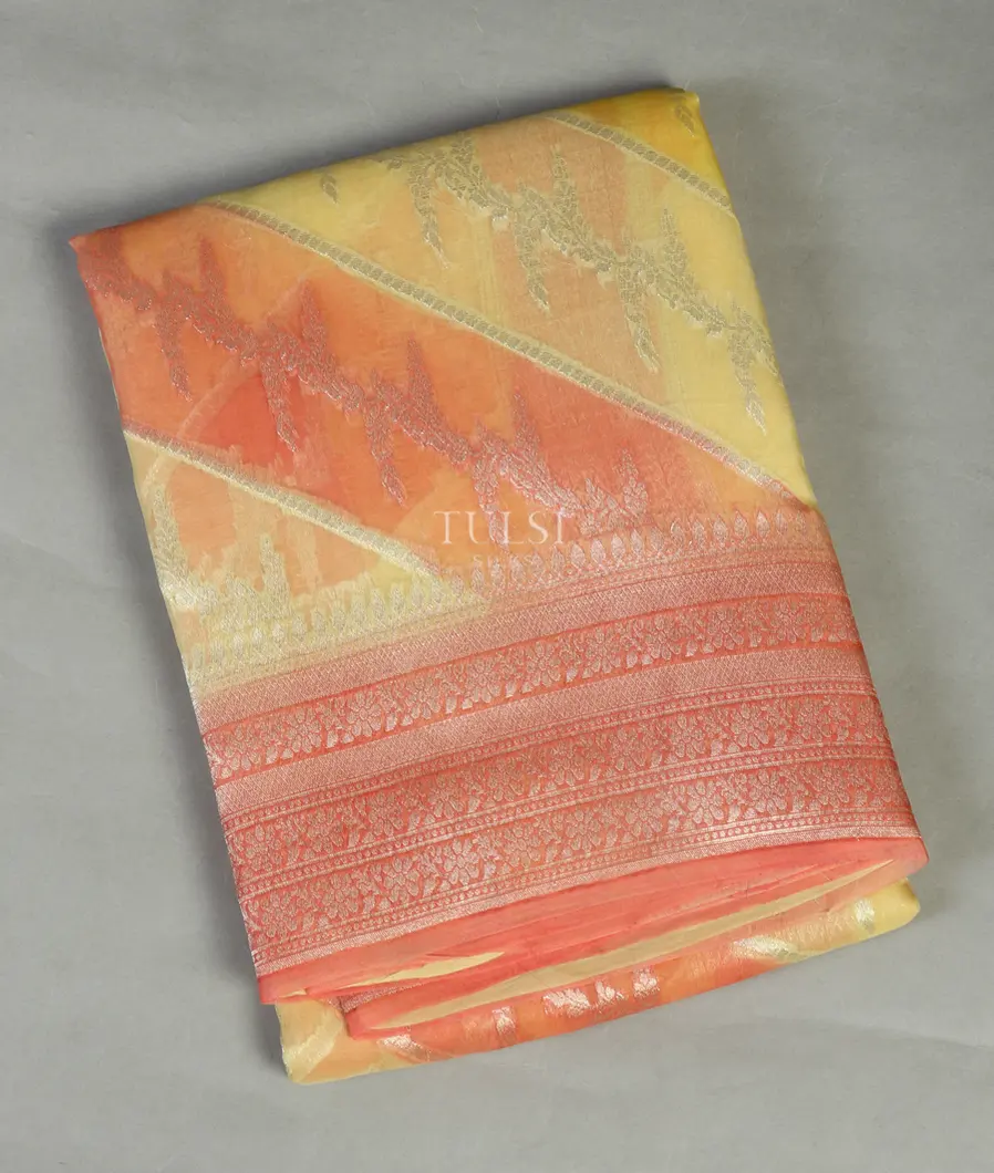 Yellow and Peach Banaras Organza Saree T352936-image