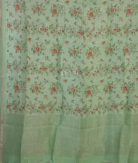 Green Linen Printed Saree T4645594
