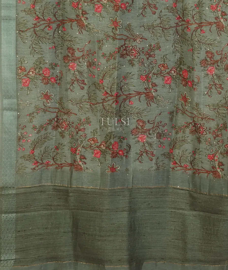 Green Linen Printed Saree T4645254