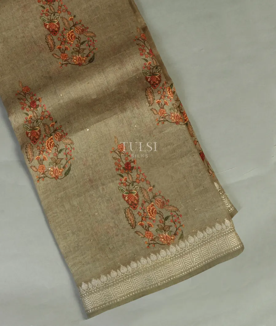 Greenish Grey Linen Printed Saree T464521-image