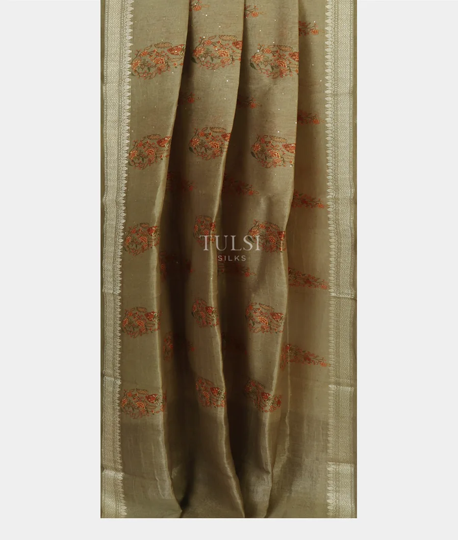 Greenish Grey Linen Printed Saree T4645212