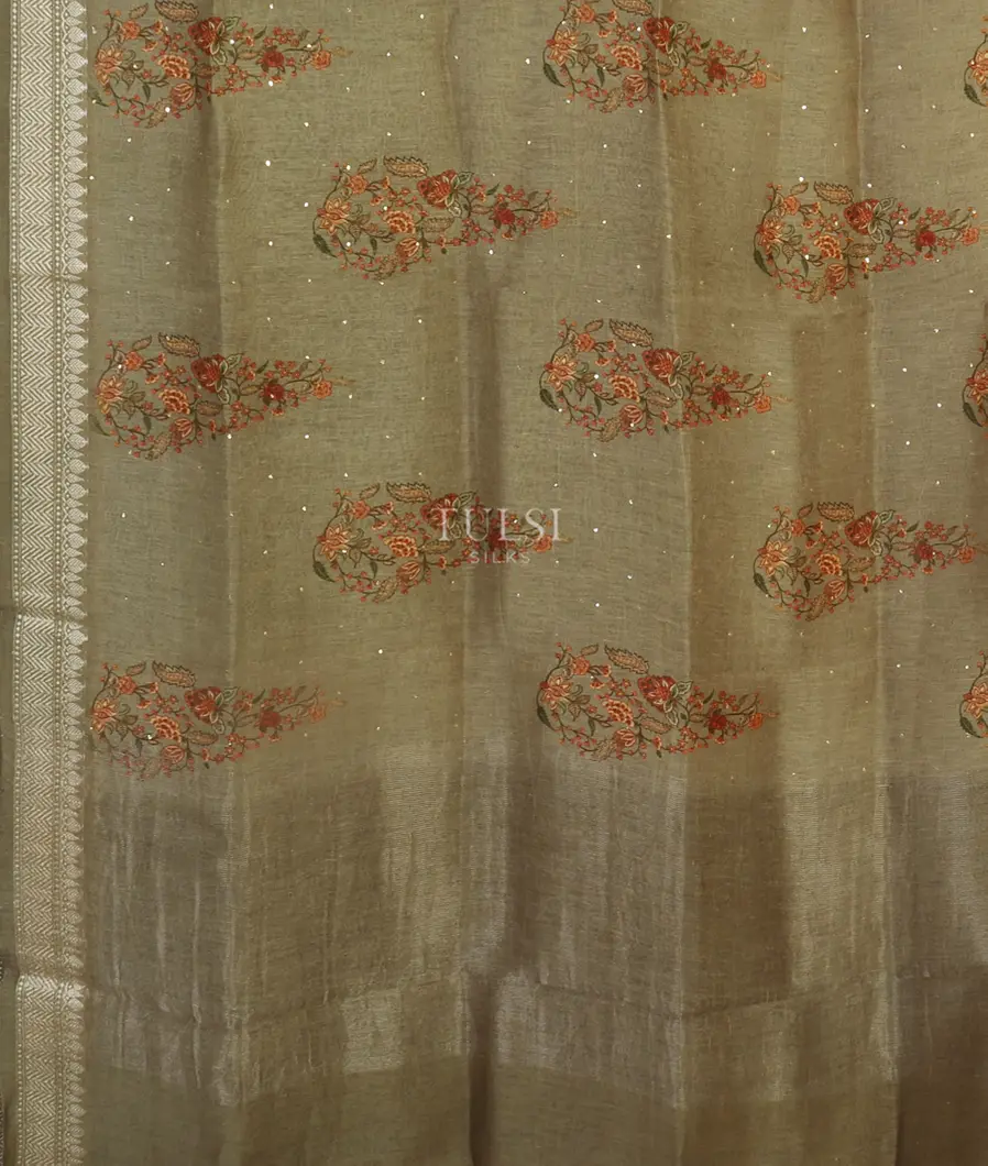 Greenish Grey Linen Printed Saree T4645214