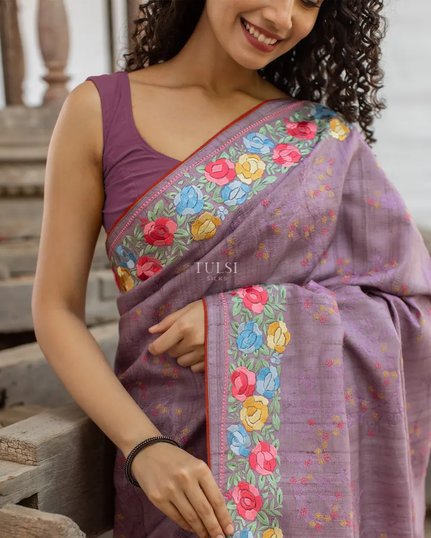 Lavender Tussar Embroidery Saree T4777505
