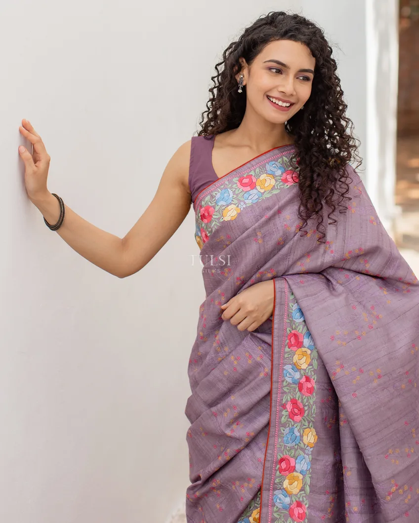 Lavender Tussar Embroidery Saree T4777506
