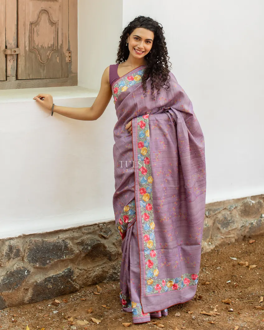 Lavender Tussar Embroidery Saree T4777507