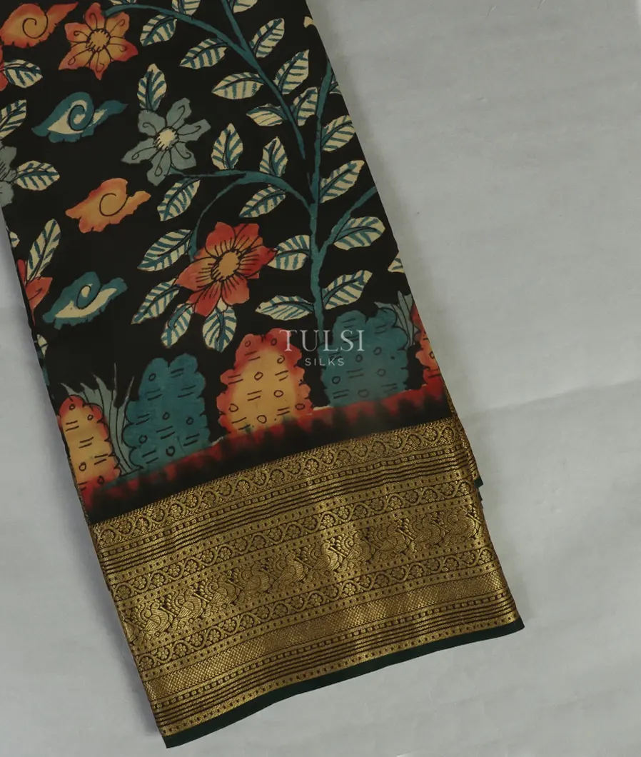 Black Mysore Crepe Kalamkari Handpainted Saree T456744-image