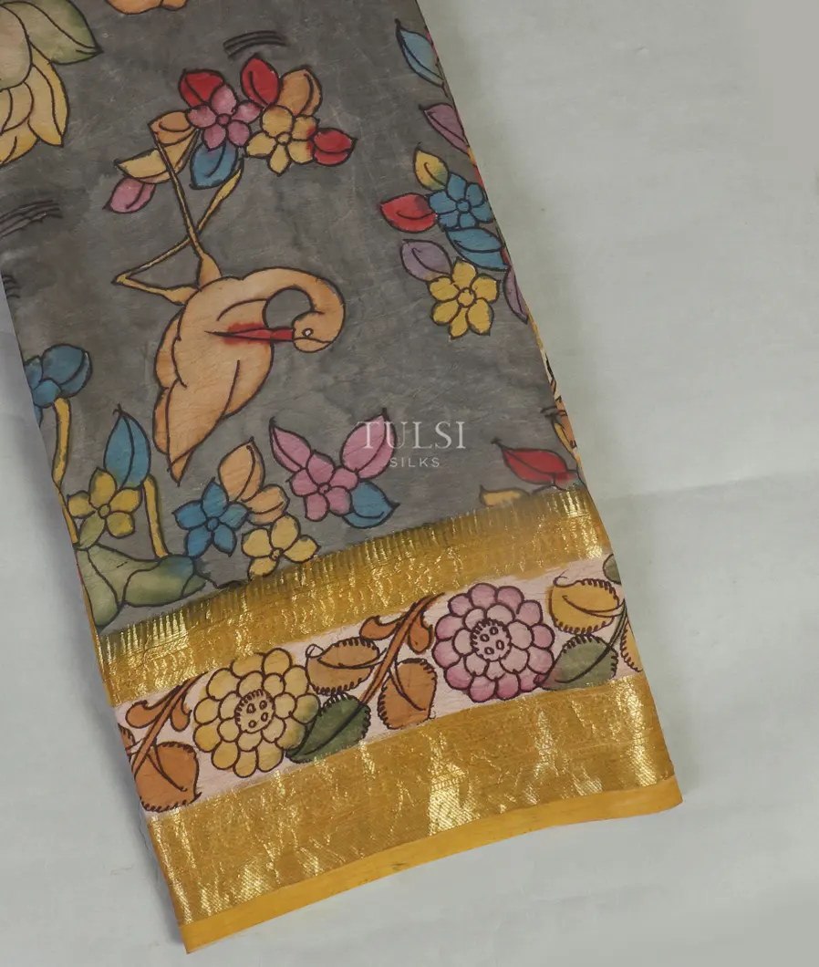 Grey Kanjivaram Kalamkari Handpainted Saree T460810-image