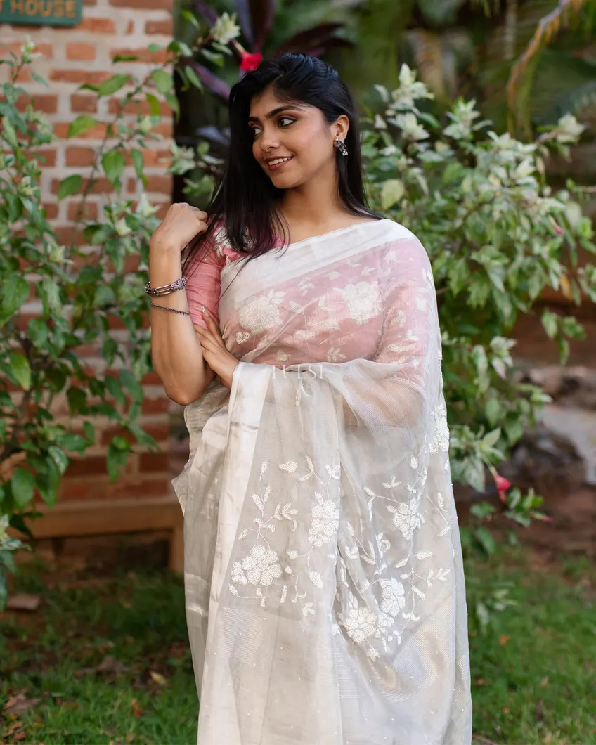 Silver Tissue Kota Embroidery Saree T4776847