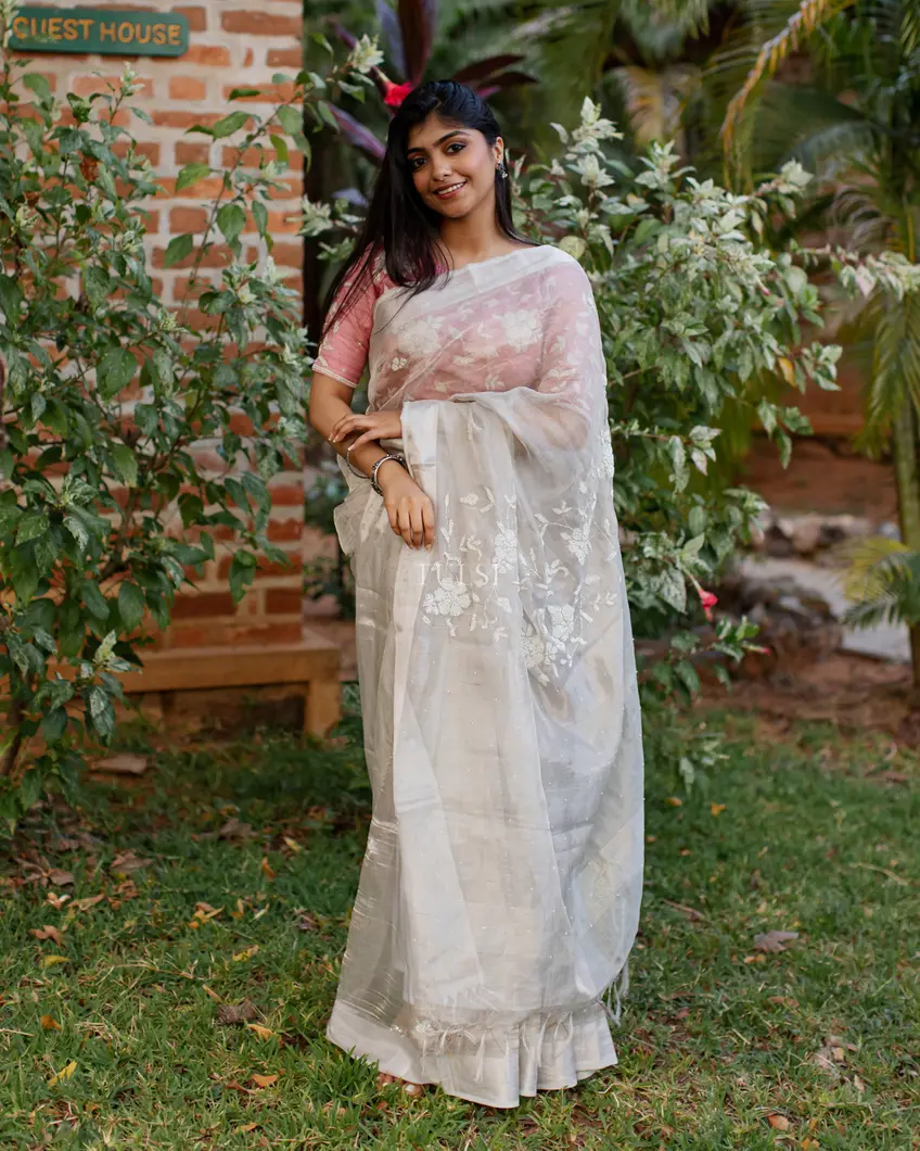 Silver Tissue Kota Embroidery Saree T4776848