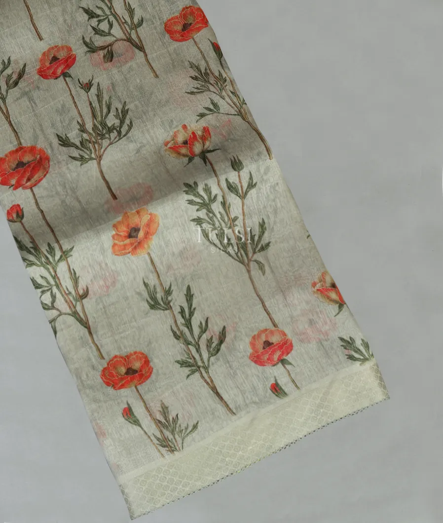 Greenish Grey Linen Printed Saree T474087-image