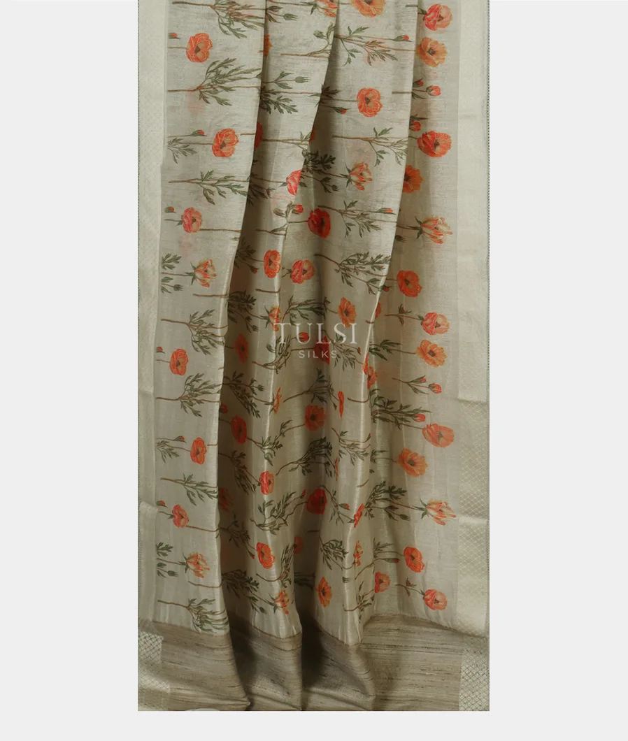 Greenish Grey Linen Printed Saree T4740872
