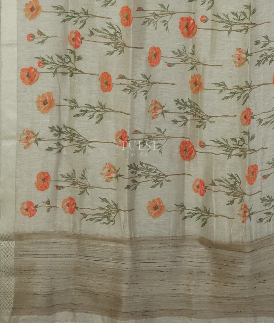 Greenish Grey Linen Printed Saree T4740874