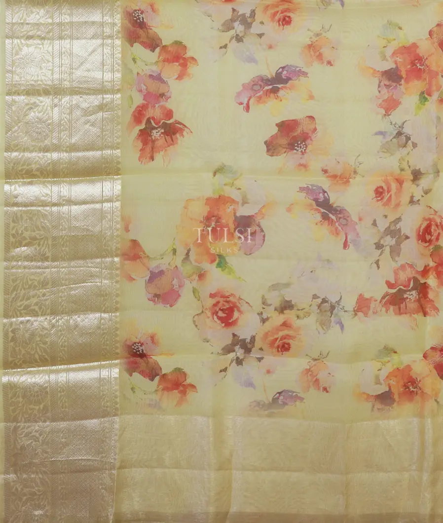 Yellow Kora Organza Printed Saree T3840894