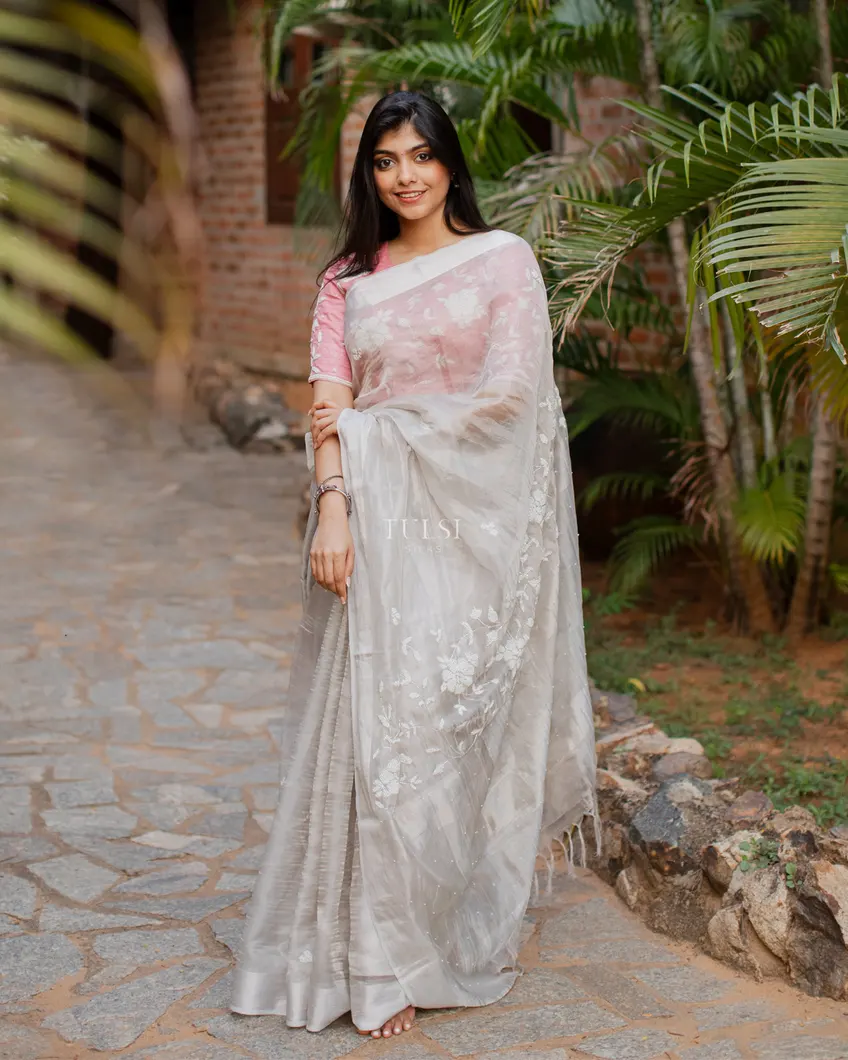 Silver Tissue Kota Embroidery Saree T4776843