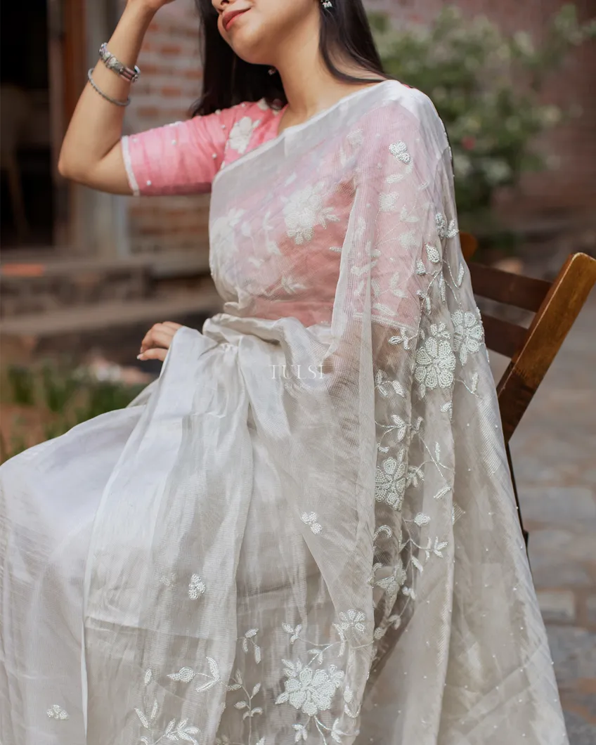 Silver Tissue Kota Embroidery Saree T4776845