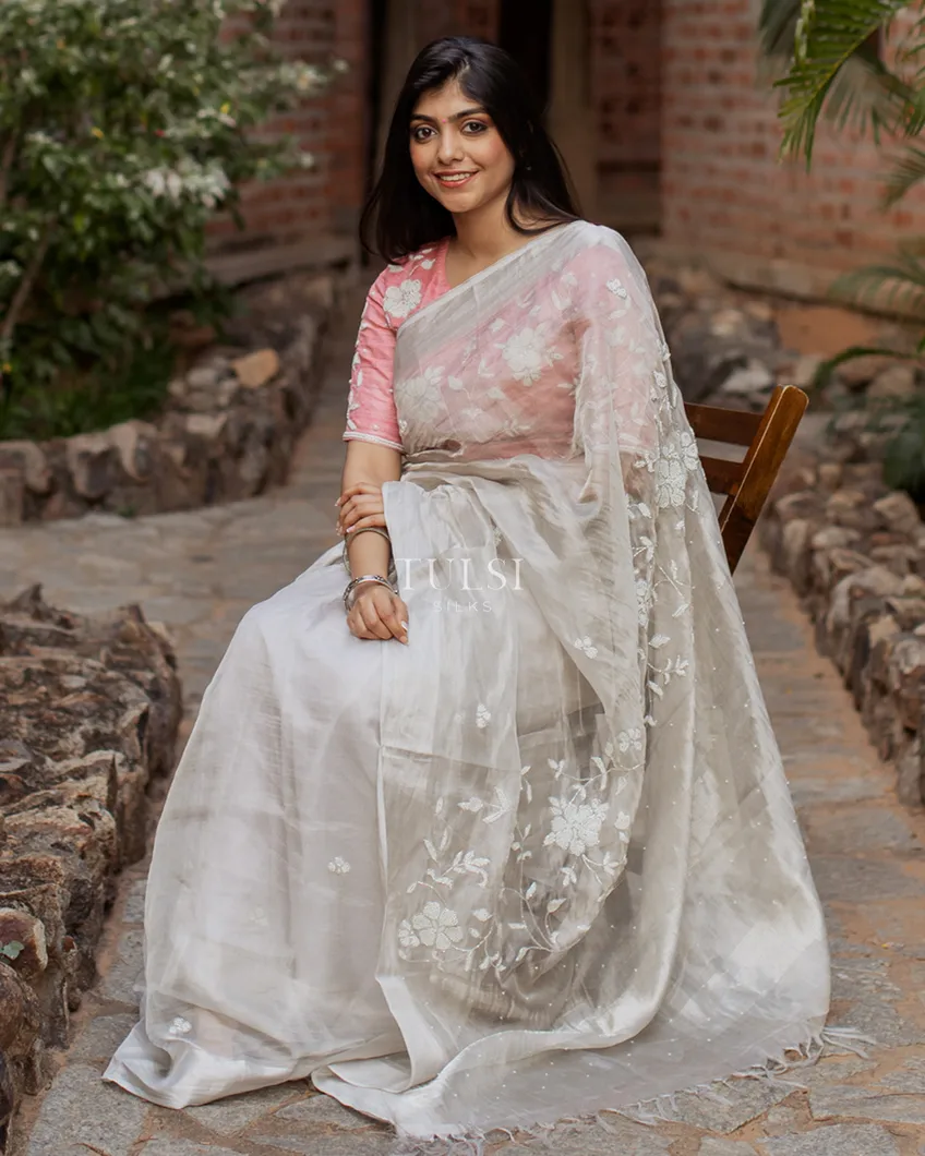 Silver Tissue Kota Embroidery Saree T4776842