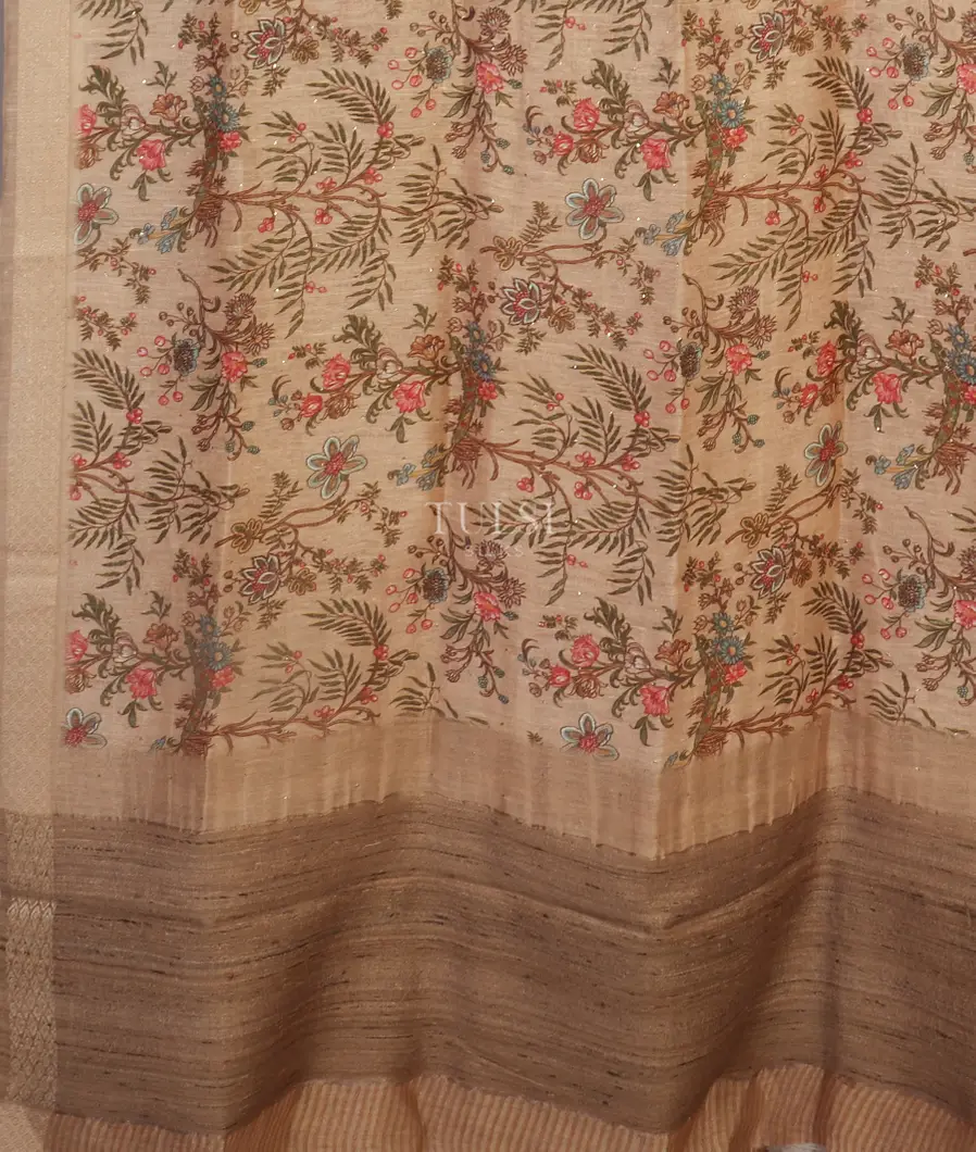 Beige  Linen Printed Saree  T4645244