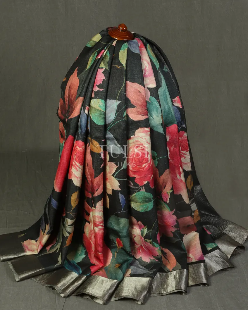 Black Tussar Printed Saree T4803924