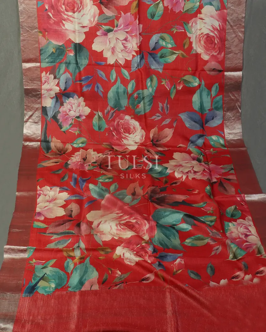 Red Tussar Printed Saree T4804122