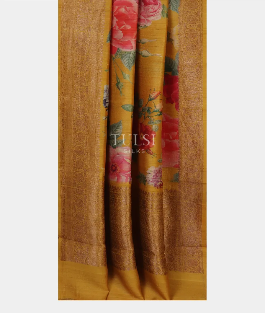 Yellow Printed Banaras Tussar Georgette Saree T4784242