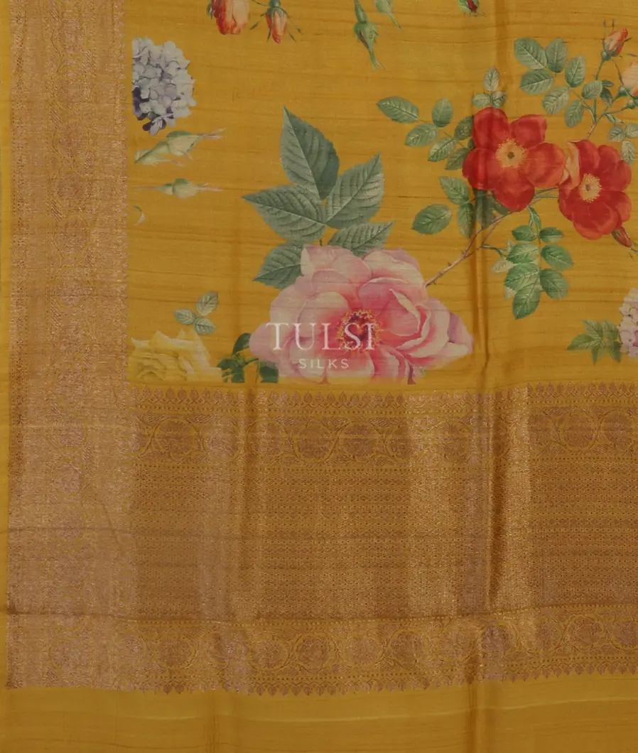 Yellow Printed Banaras Tussar Georgette Saree T4784244