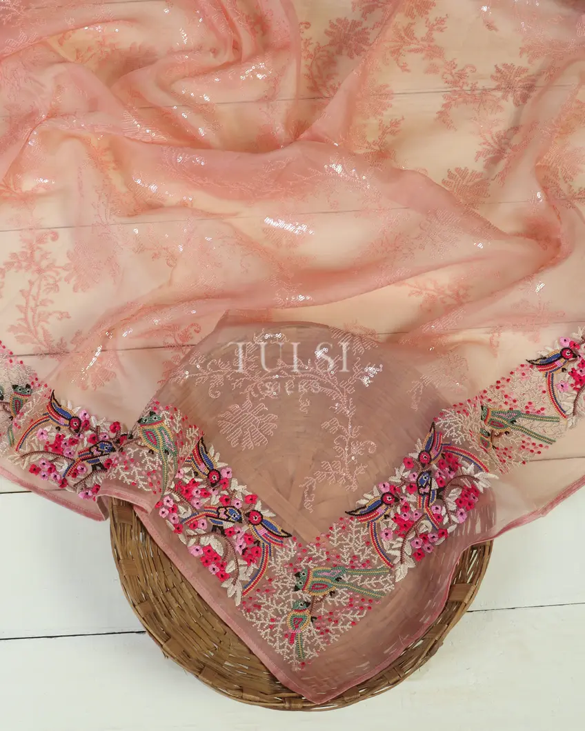 Peach Kora Organza Embroidery Saree T466414-image